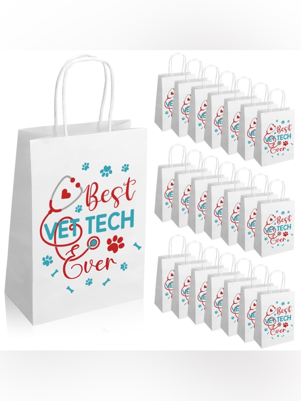 Best Vet Tech Ever Gift Bags - White with Red & Teal Design